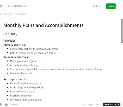 screenshot of a journal entry