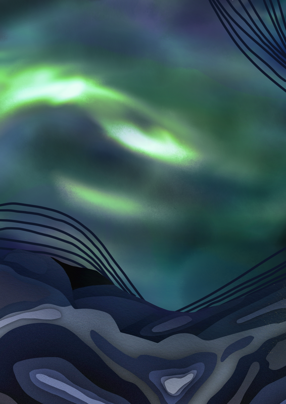 Digital art piece of the northern lights and sea