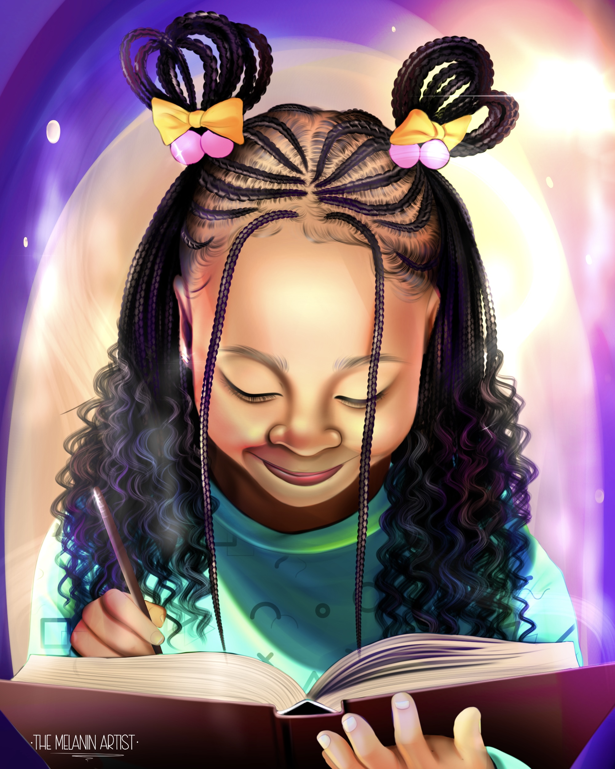 an image depicting a little girl with braids writing something in a book with a swirling galaxy in the background