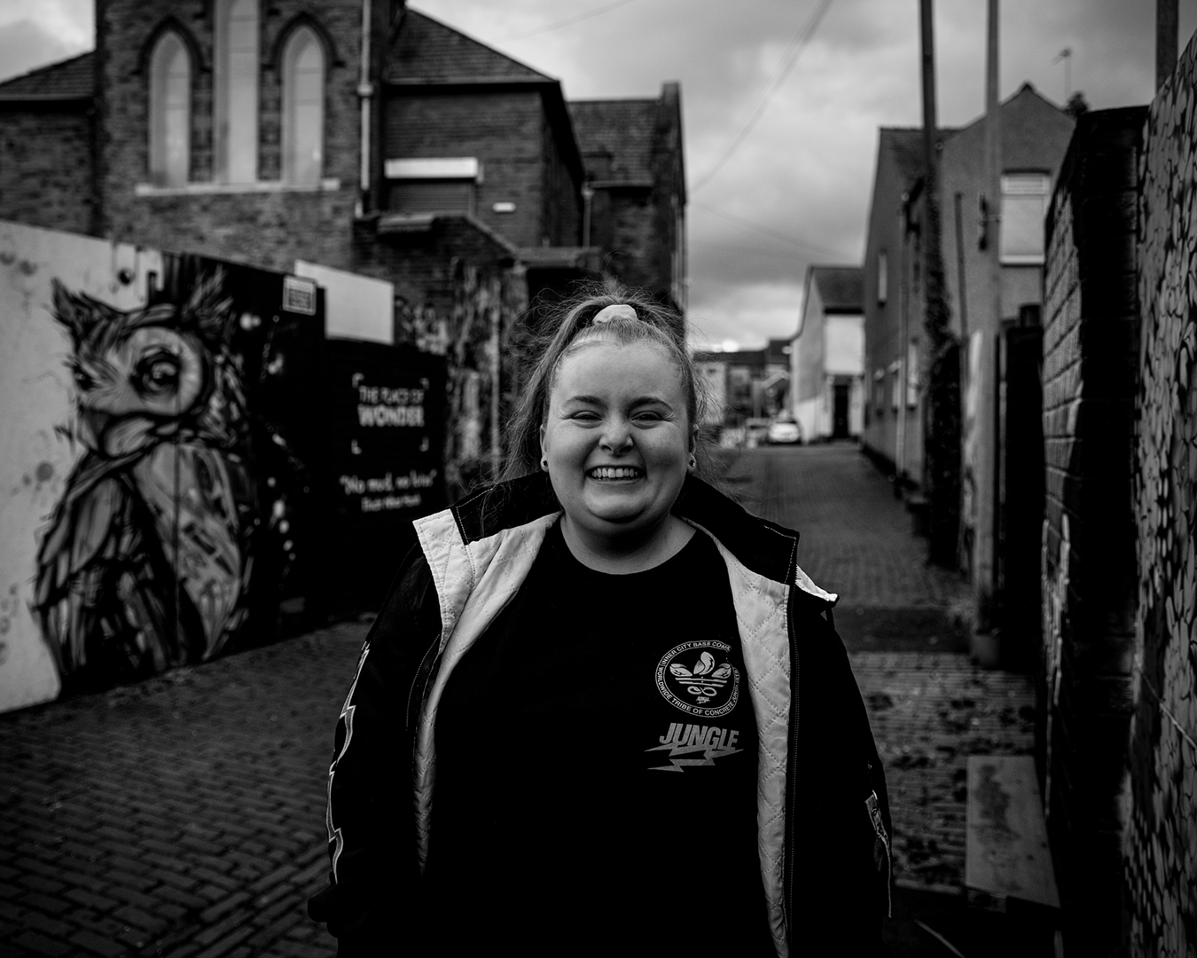 BLONDY smiling at the camera black and white photo