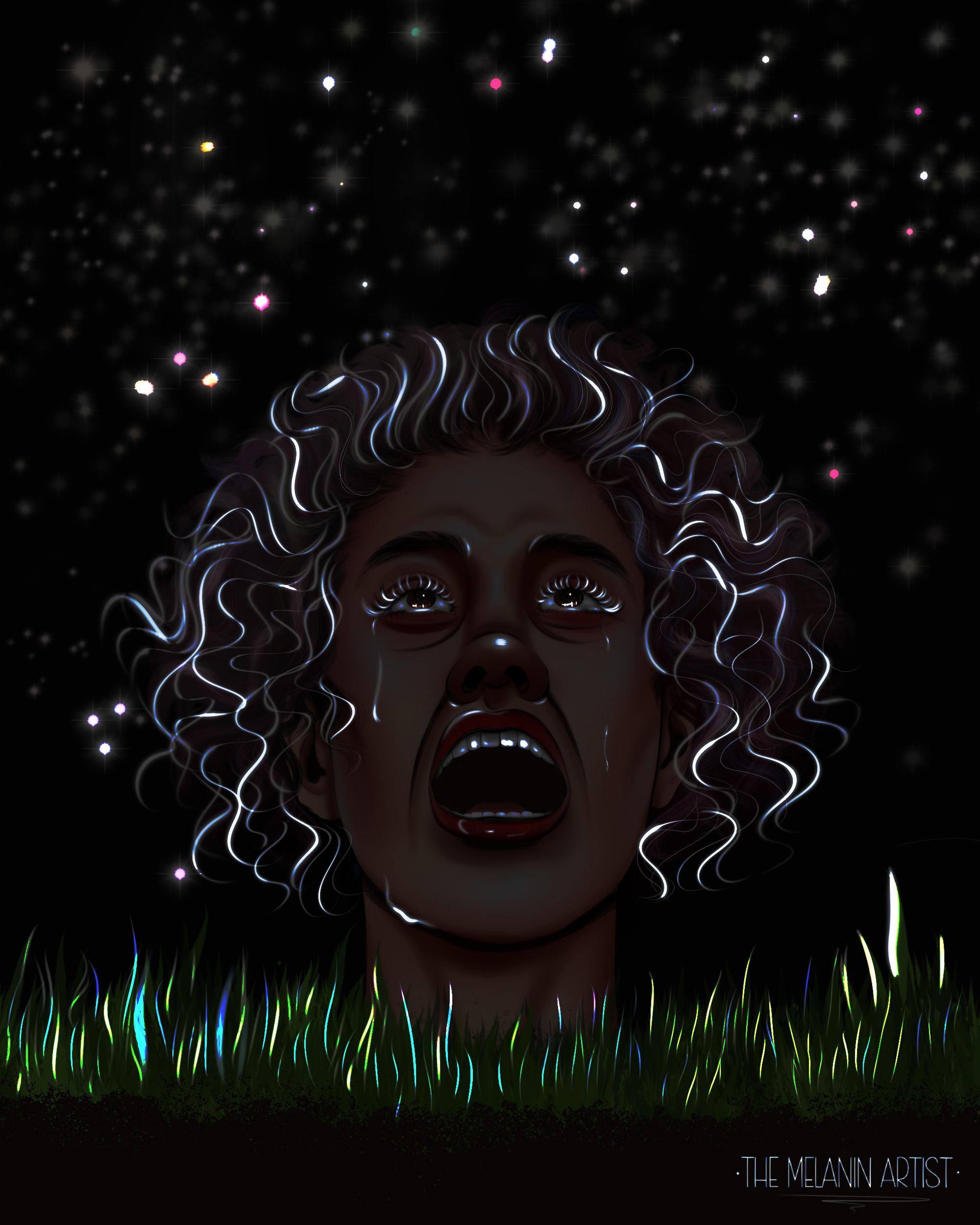 An image of a woman buried neck need pin the ground with an angry and sad look on her face and sparkly tears falling from her eyes.