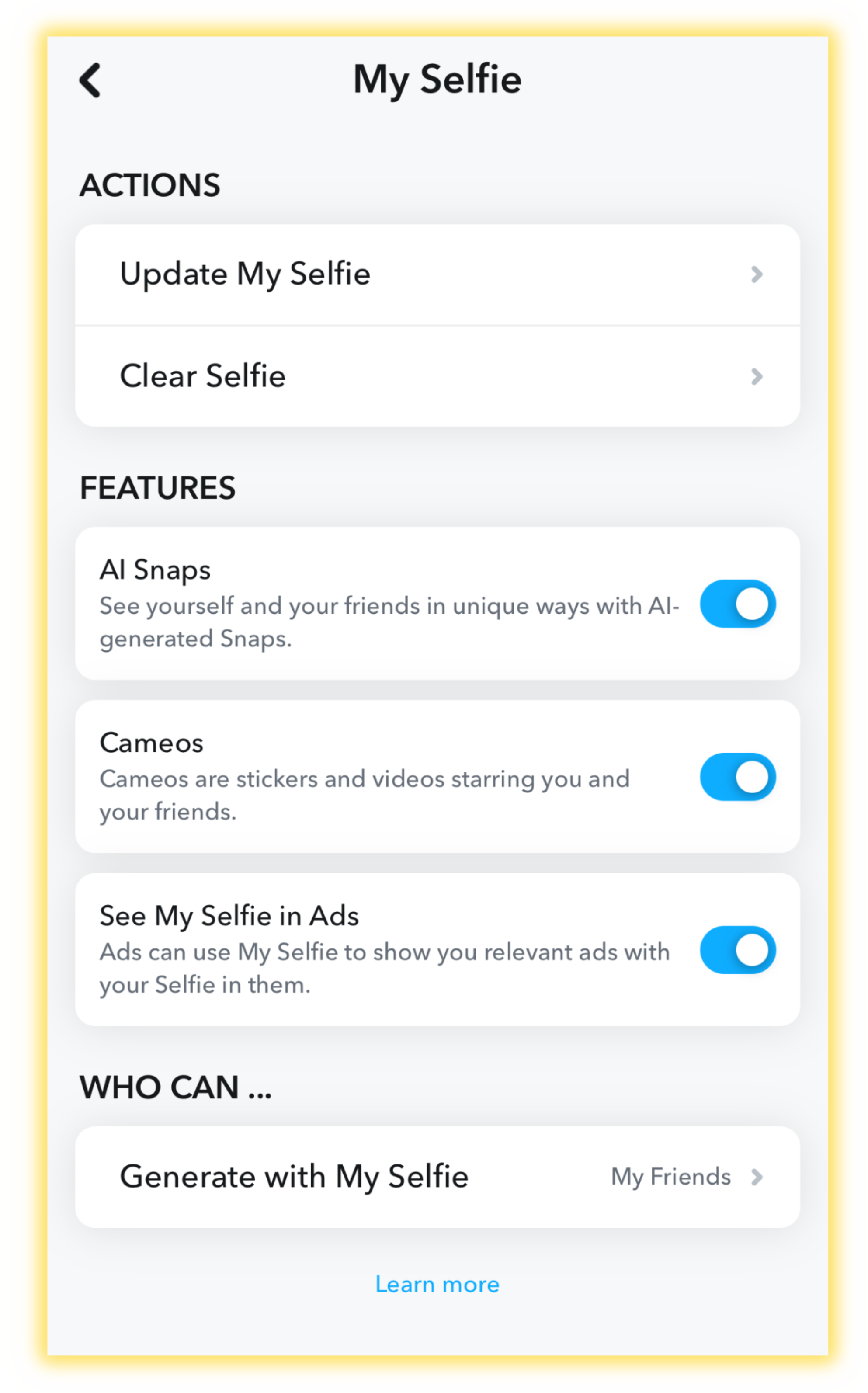 a screenshot from snapchat my selfie settings