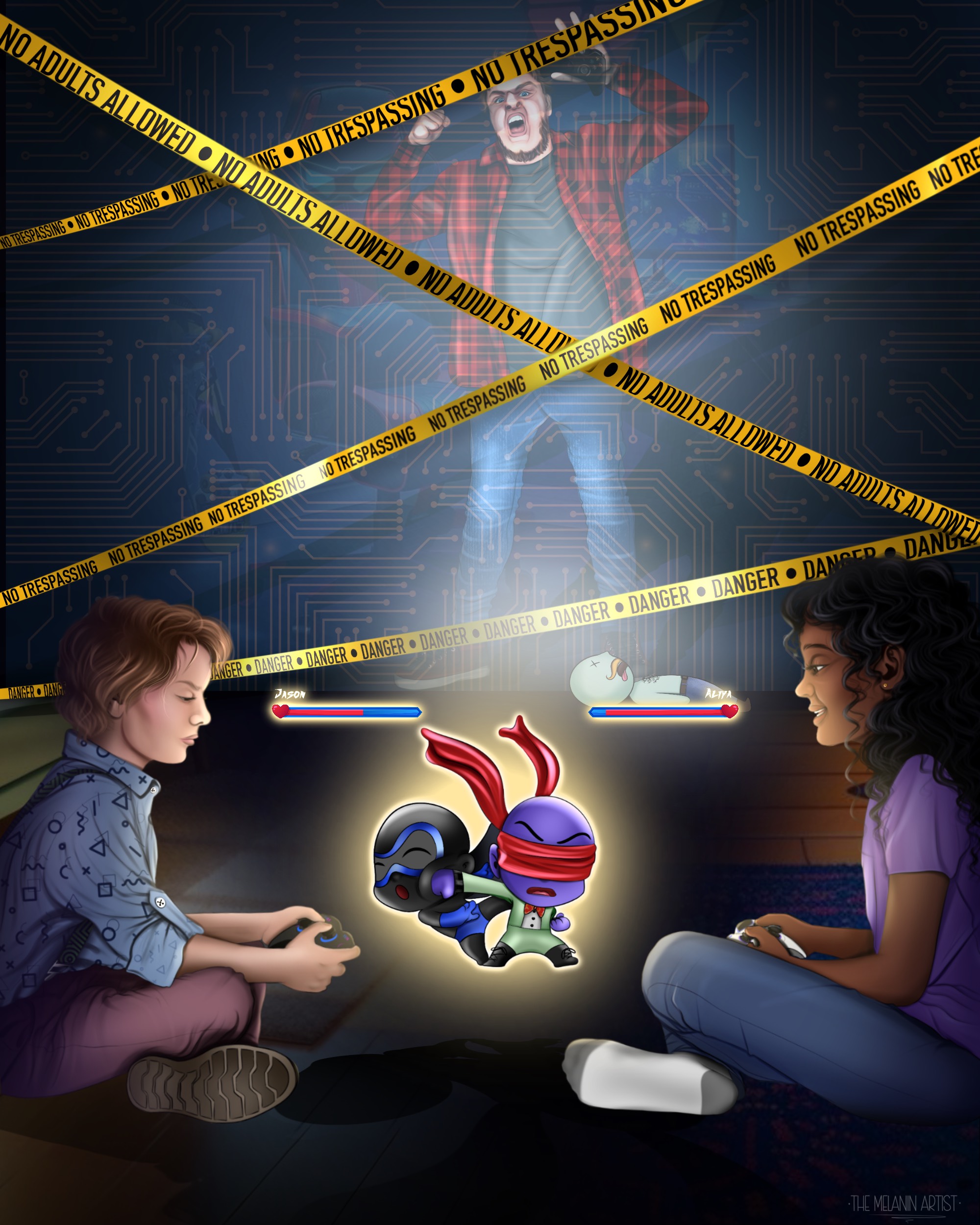 a digital art piece depicting two children playing video games, their characters battling with an adult man trapped behind caution tape in the background