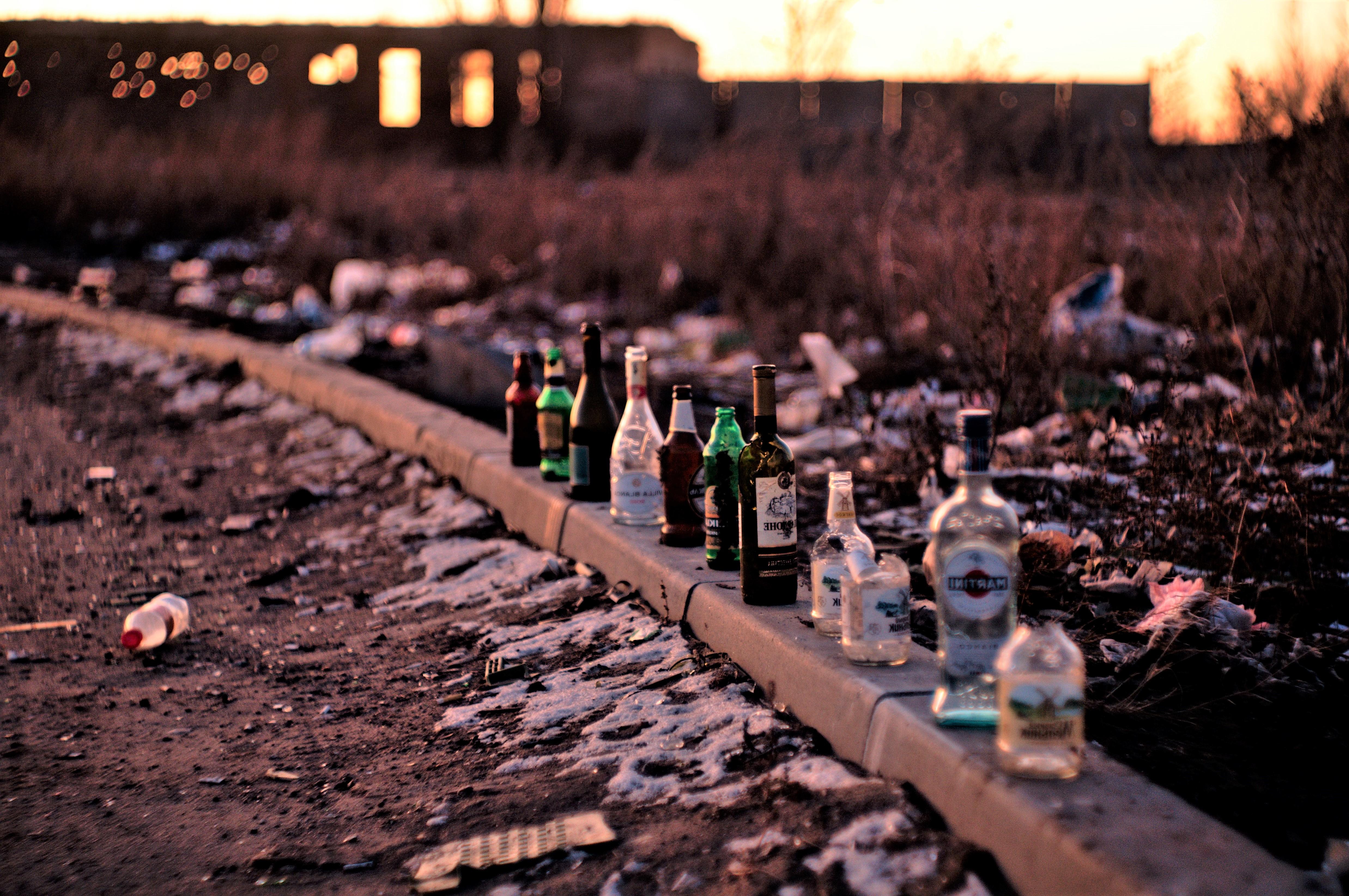 empty alcohol bottles lined up in a row on pavement