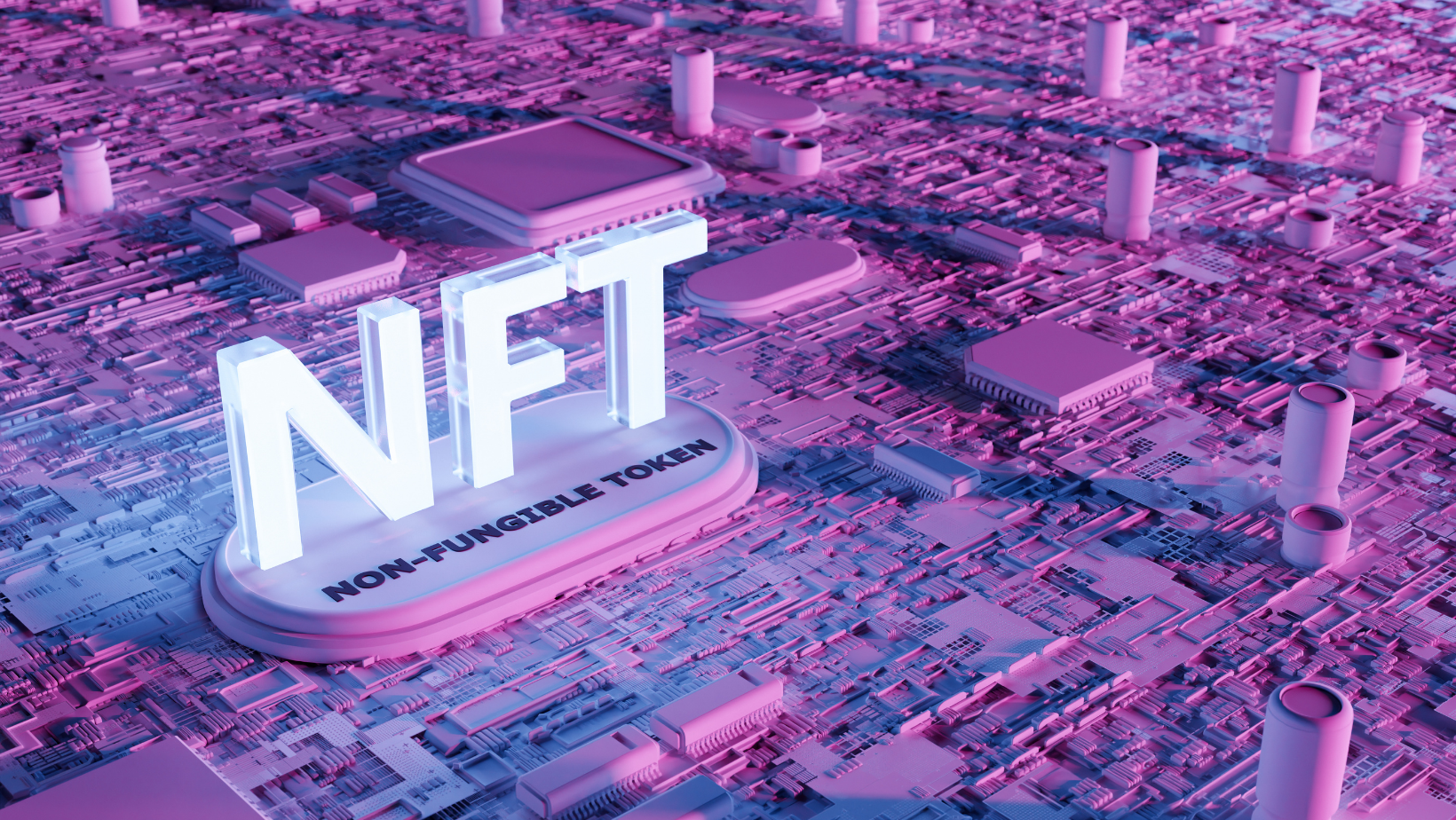 A purple image of large glowing letters spelling out NFT