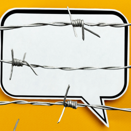 a speech bubble behind barbed wire on a yellow background
