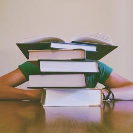 person sitting behind a stack of books at a desk
