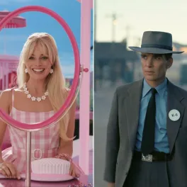 a screenshot from the barbie movie and a screenshot from oppenheimer