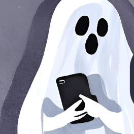an image of a cartoon ghost holding a cellphone with text messages over top of it