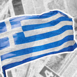 Greek flag on a background of black and white newspapers