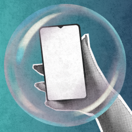 a graphic of a hand holding a phone with a bubble around it on a blue background