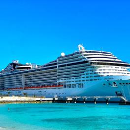 A cruise ship docked at a beach