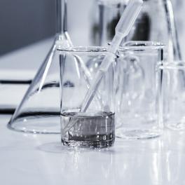 gray photo of beakers on a lab bench