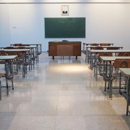 a classroom with two columns of desks