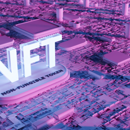 A purple image of large glowing letters spelling out NFT