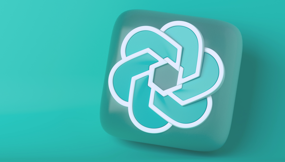 the chat gpt logo on a 3D square on a teal background