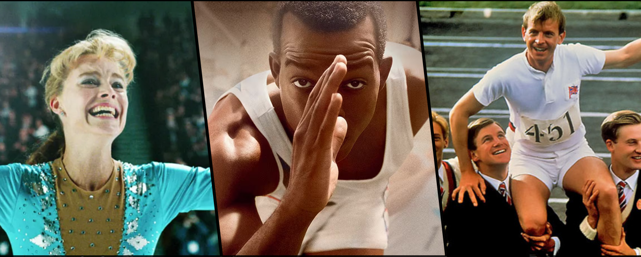 A collage of images from the movies I Tonya, Race and Chariots of Fire