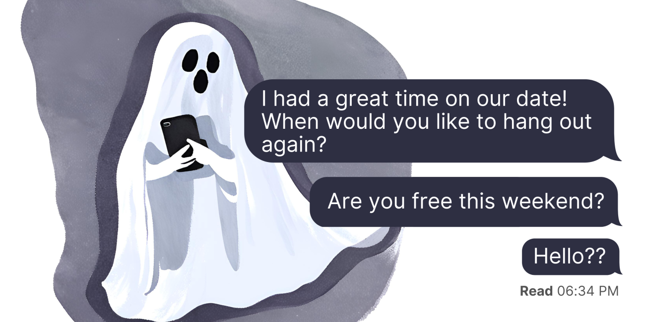 an image of a cartoon ghost holding a cellphone with text messages over top of it