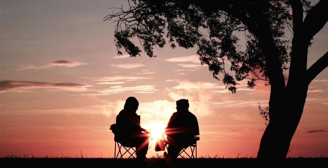 two people sitting on chairs under a tree overlooking the sunset