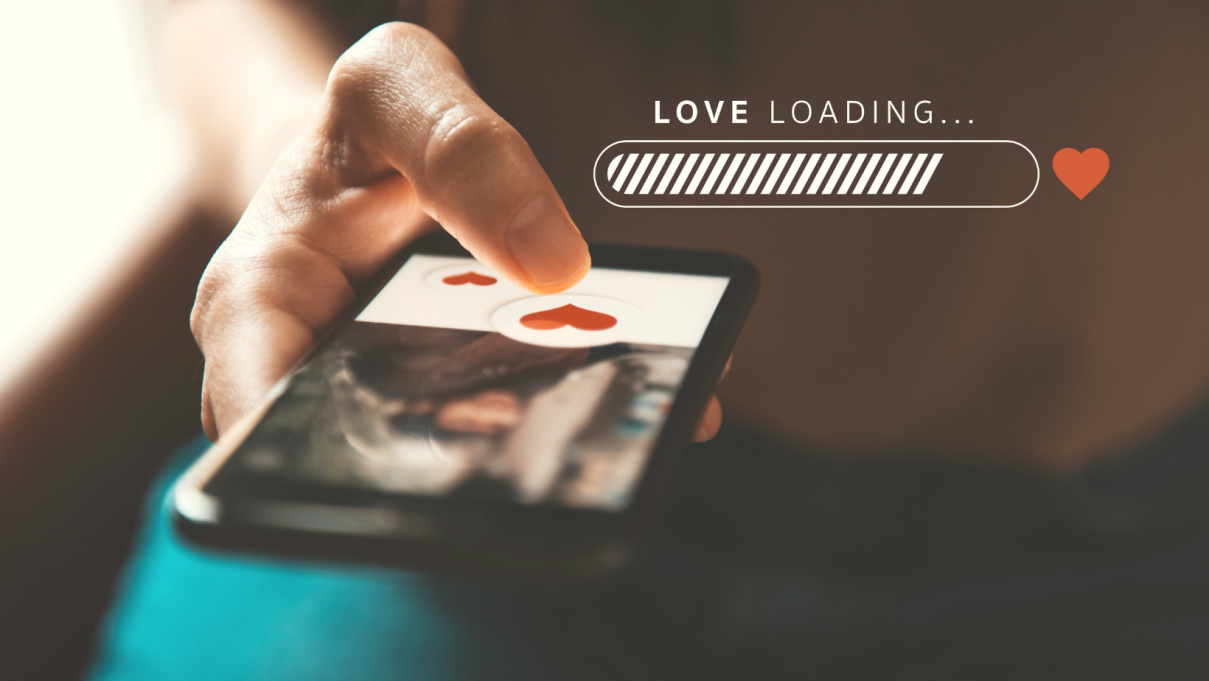 A person holding a phone with an online dating profile appearing on the screen