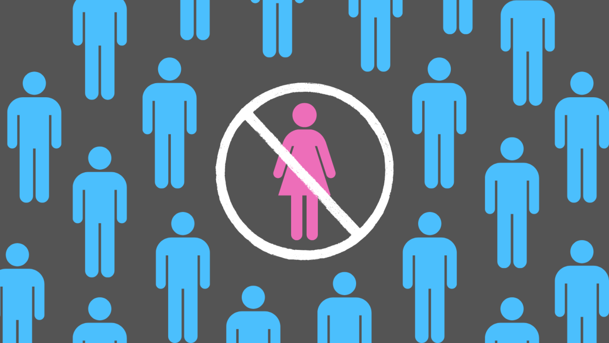 A female symbol crossed out, surrounded by scattered male symbols