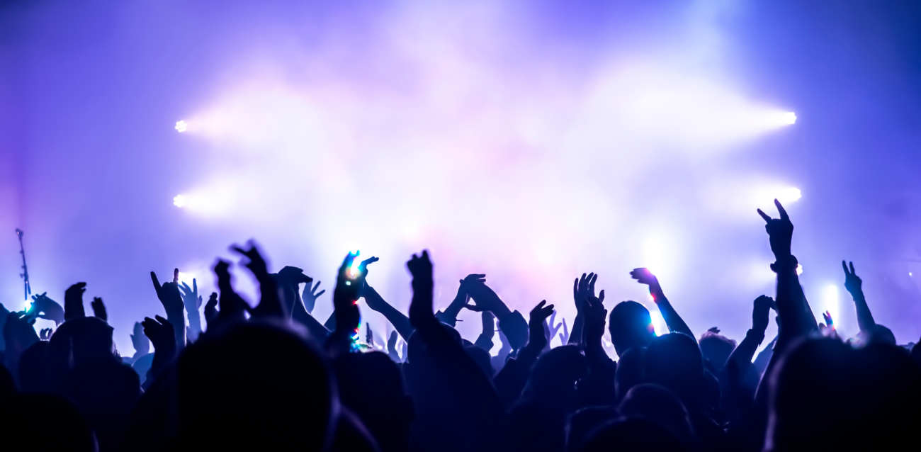 crowd raising their hands at a concert